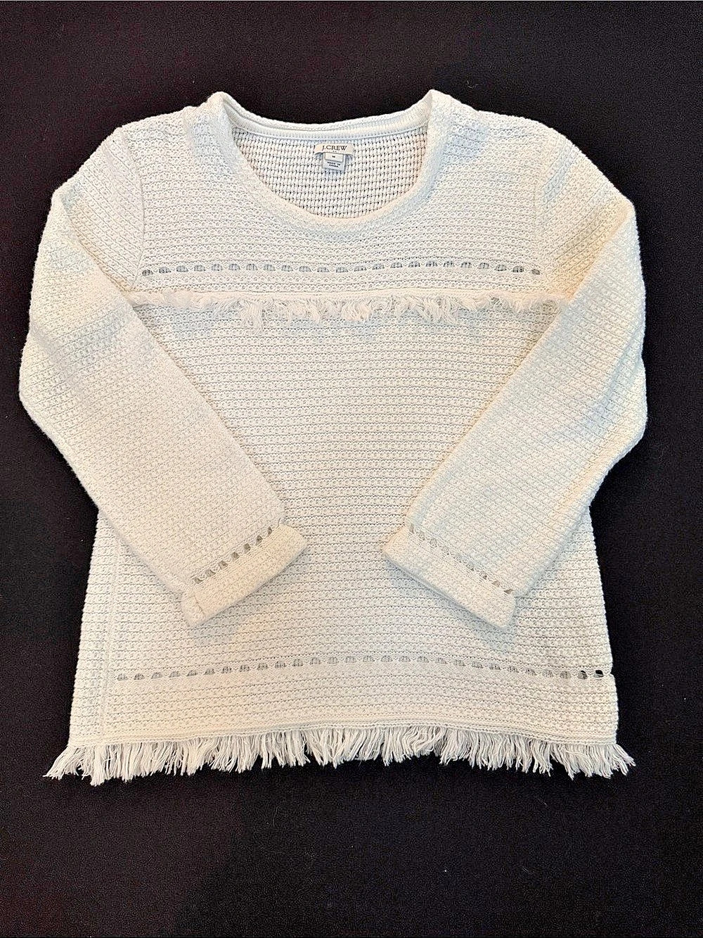 J.Crew Pointelle Crewneck Sweater with Fringe White Medium